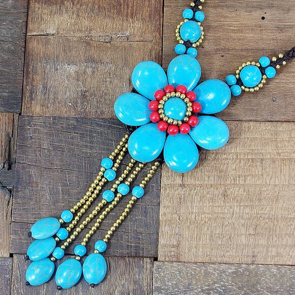 Large turquoise stone beaded flower necklace with a stone tassel fabric cord - Picture 3 of 6